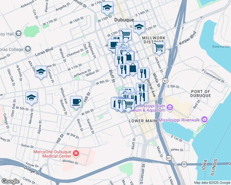 map of restaurants, bars, coffee shops, grocery stores, and more near 731 Bluff Street in Dubuque