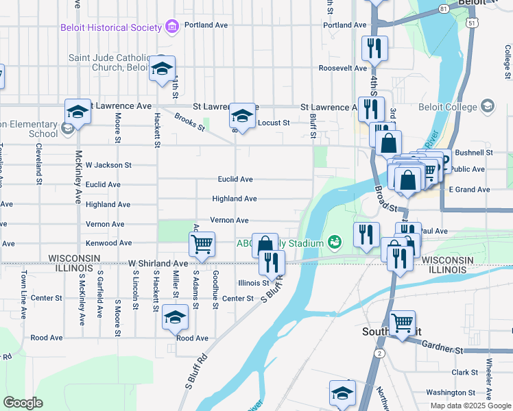 map of restaurants, bars, coffee shops, grocery stores, and more near 549 Highland Avenue in Beloit