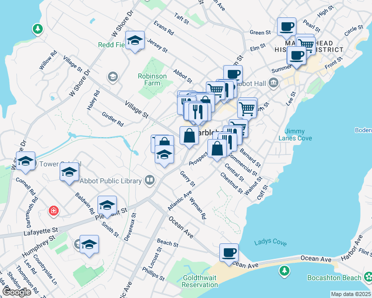map of restaurants, bars, coffee shops, grocery stores, and more near 199 Pleasant Street in Marblehead