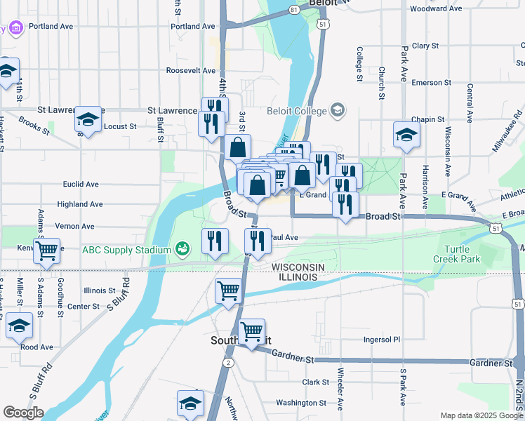 map of restaurants, bars, coffee shops, grocery stores, and more near 400 East Grand Avenue in Beloit