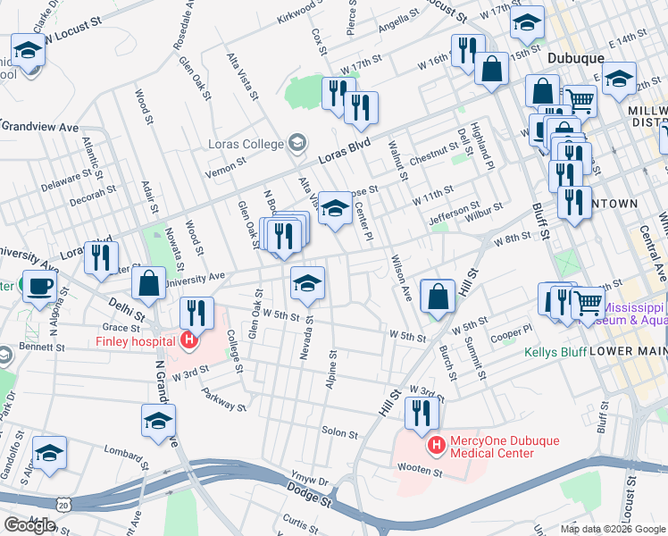 map of restaurants, bars, coffee shops, grocery stores, and more near in Dubuque