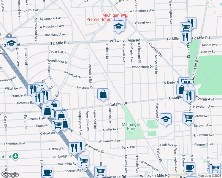 map of restaurants, bars, coffee shops, grocery stores, and more near 1007 Cloverdale Drive in Royal Oak