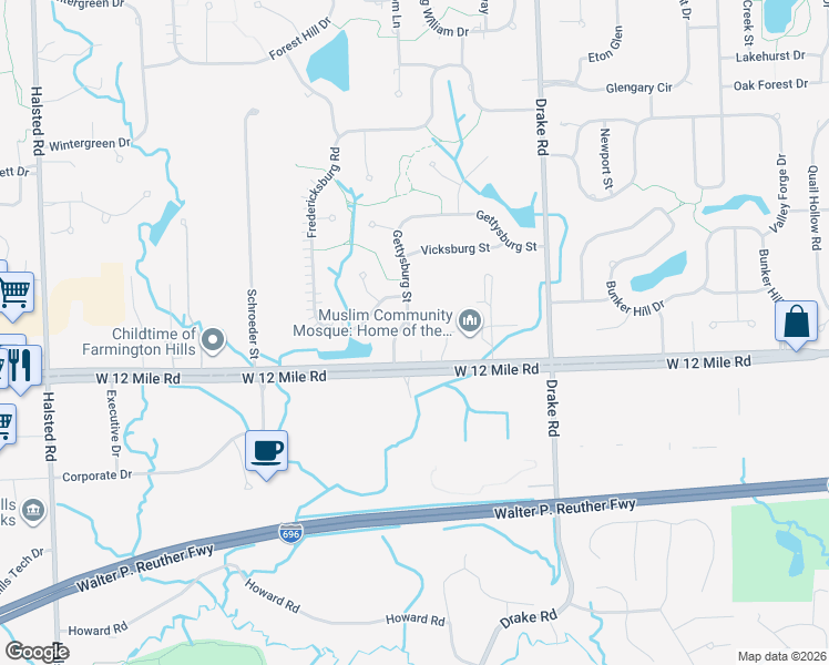 map of restaurants, bars, coffee shops, grocery stores, and more near 27878 Gettysburg Street in Farmington Hills