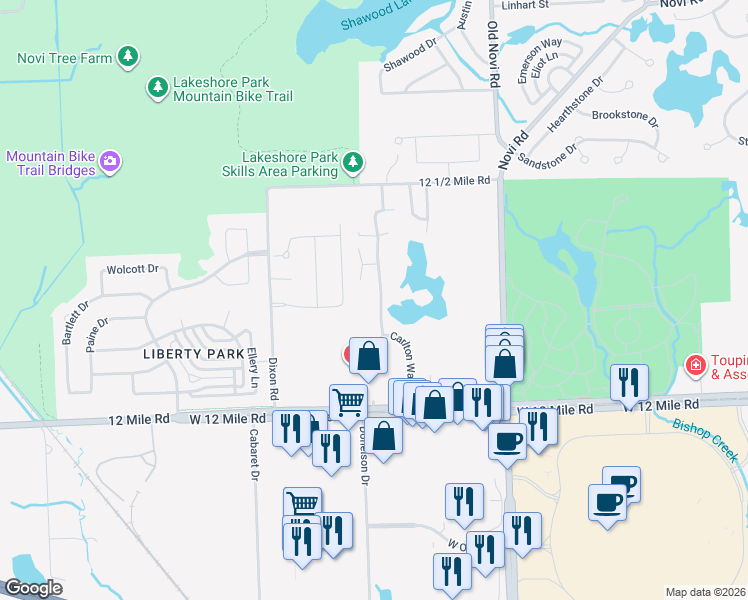 map of restaurants, bars, coffee shops, grocery stores, and more near 28305 Carlton Way Drive in Novi