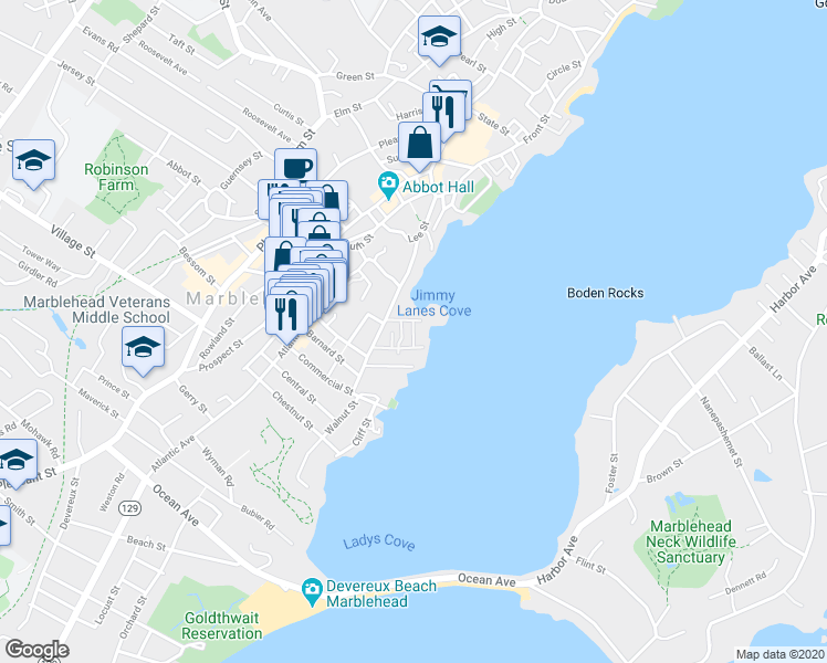 map of restaurants, bars, coffee shops, grocery stores, and more near 44 Gregory Street in Marblehead