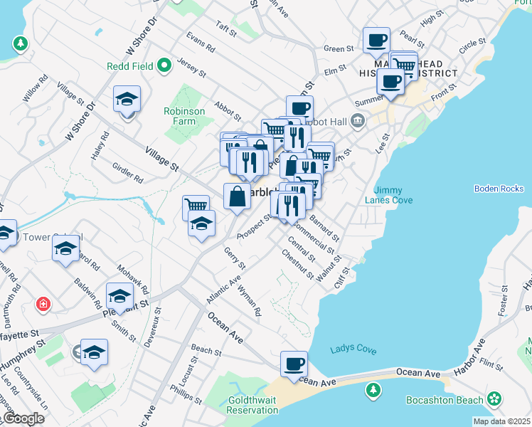 map of restaurants, bars, coffee shops, grocery stores, and more near in Marblehead
