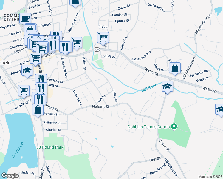 map of restaurants, bars, coffee shops, grocery stores, and more near 2 Cottage Street in Wakefield