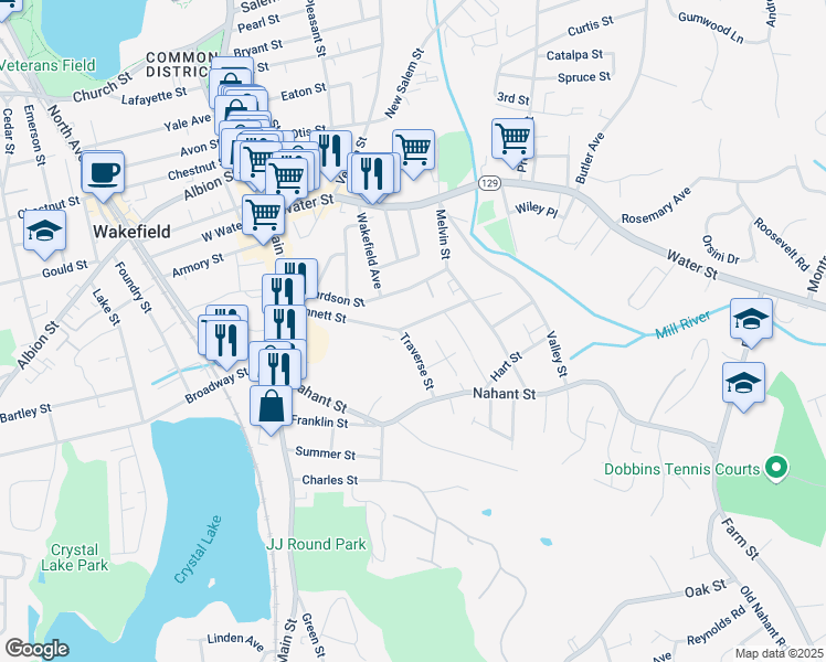 map of restaurants, bars, coffee shops, grocery stores, and more near 53 Bennett Street in Wakefield