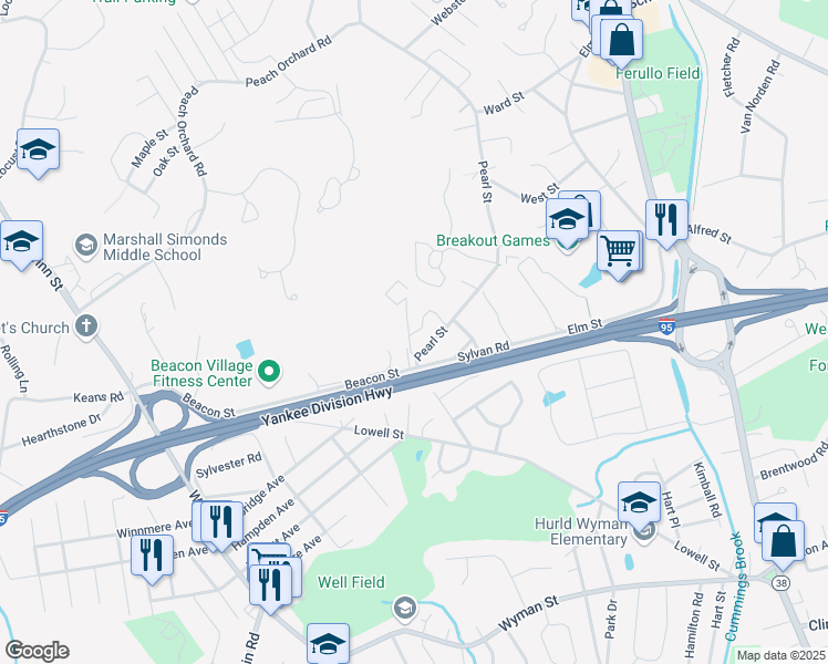 map of restaurants, bars, coffee shops, grocery stores, and more near 103 Westgate Drive in Burlington