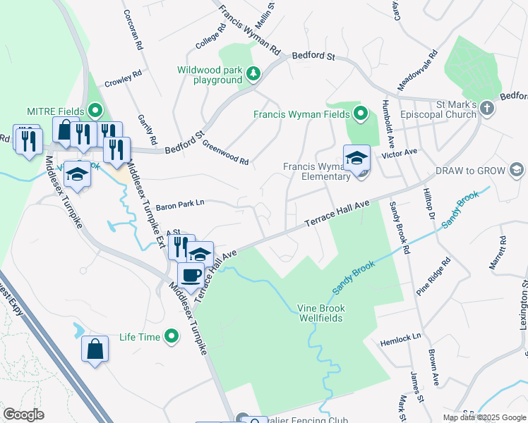 map of restaurants, bars, coffee shops, grocery stores, and more near 9 Shea Circle in Burlington