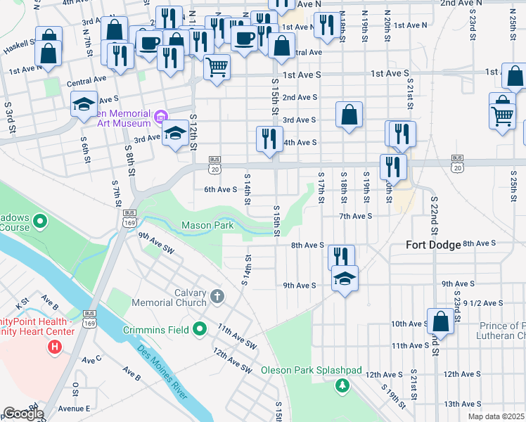 map of restaurants, bars, coffee shops, grocery stores, and more near 1401-1499 6th Ave S in Fort Dodge