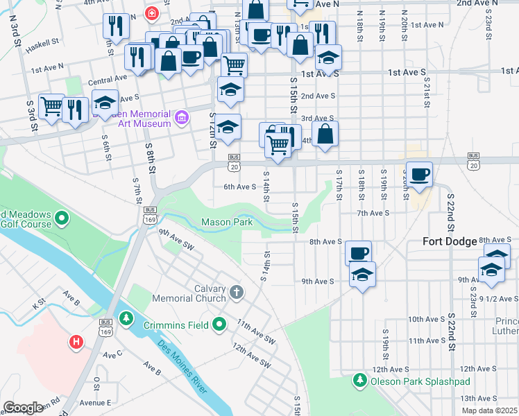 map of restaurants, bars, coffee shops, grocery stores, and more near S 13th St in Fort Dodge