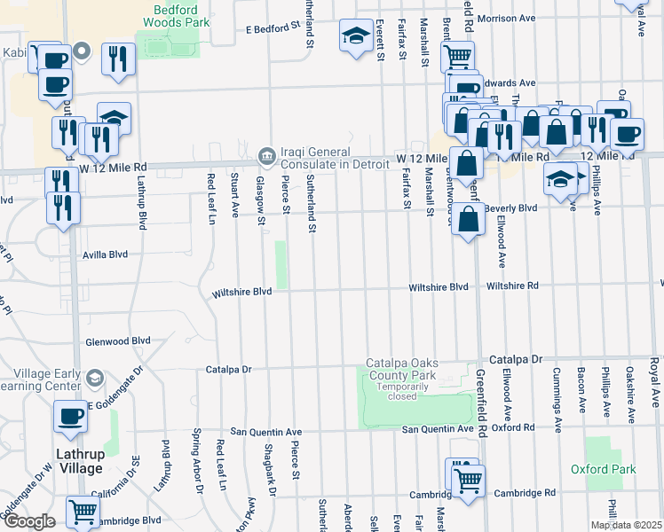 map of restaurants, bars, coffee shops, grocery stores, and more near 28492 Aberdeen Street in Southfield