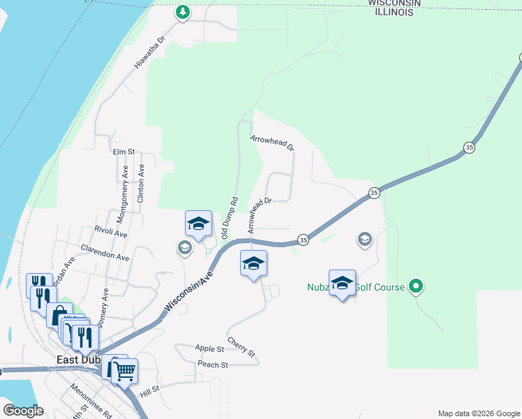 map of restaurants, bars, coffee shops, grocery stores, and more near 803 Arrowhead Drive in East Dubuque