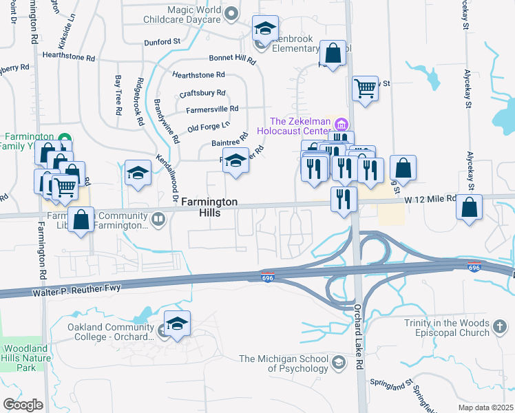 map of restaurants, bars, coffee shops, grocery stores, and more near 32000 West 12 Mile Road in Farmington Hills
