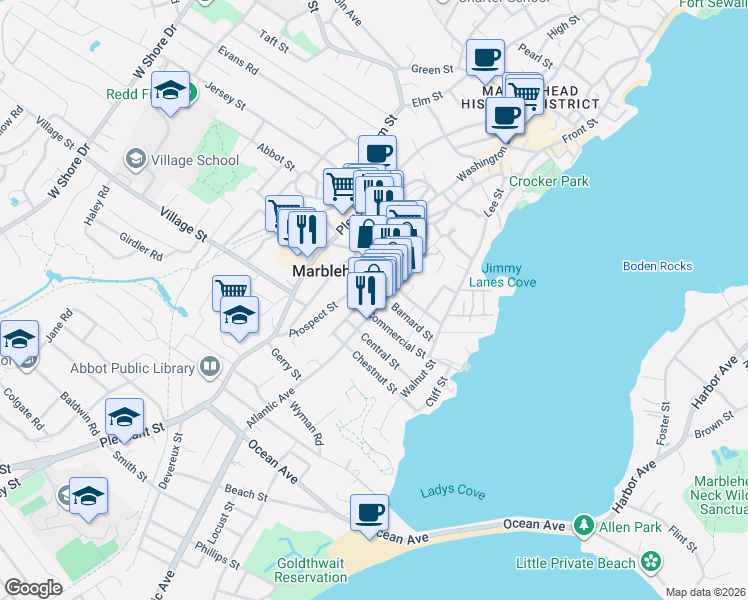 map of restaurants, bars, coffee shops, grocery stores, and more near 31 Atlantic Avenue in Marblehead