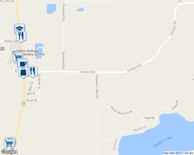 map of restaurants, bars, coffee shops, grocery stores, and more near 10542 Pleasant Lake Road in Delton
