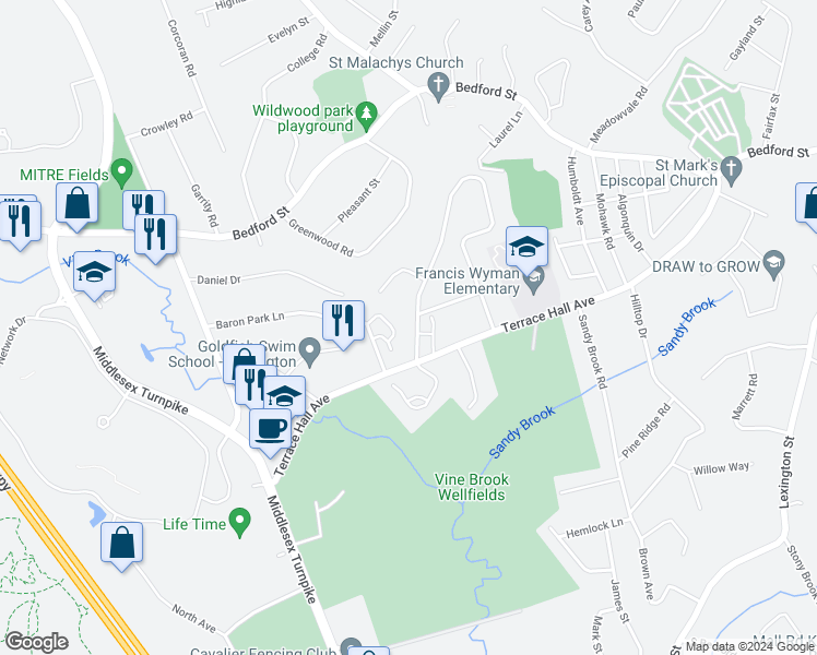 map of restaurants, bars, coffee shops, grocery stores, and more near 66 Washington Avenue in Burlington