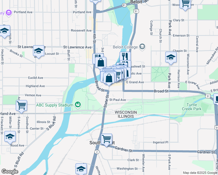 map of restaurants, bars, coffee shops, grocery stores, and more near 312 State Street in Beloit