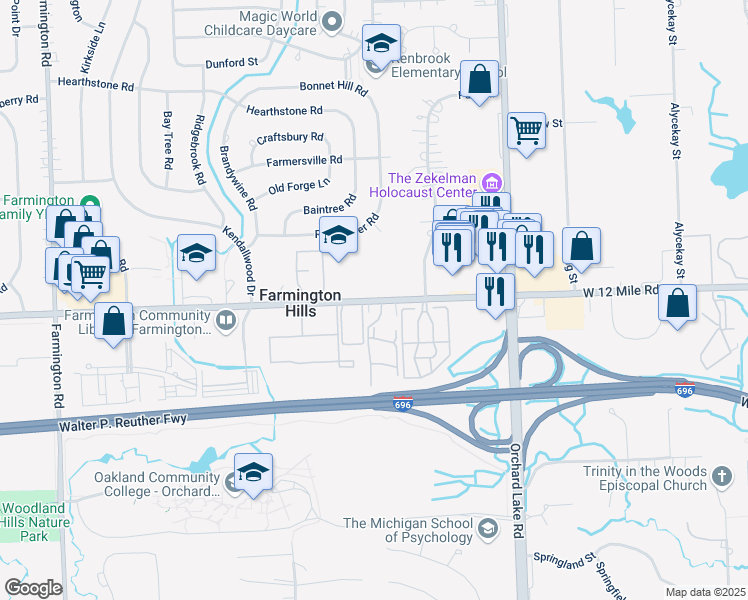 map of restaurants, bars, coffee shops, grocery stores, and more near 32000 West 12 Mile Road in Farmington Hills
