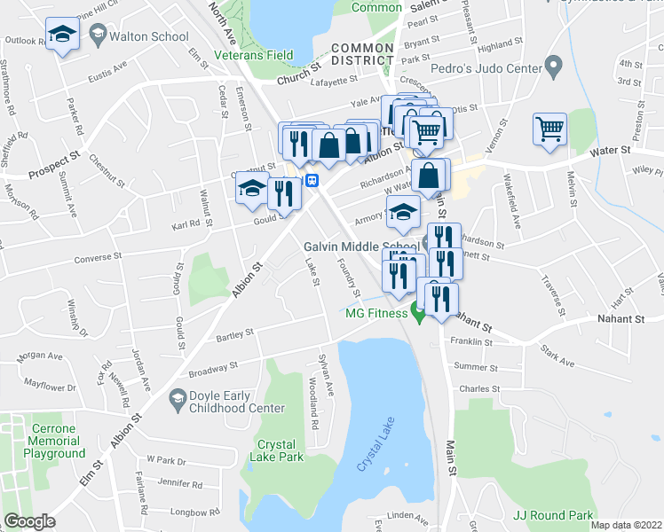 map of restaurants, bars, coffee shops, grocery stores, and more near 62 Foundry Street in Wakefield