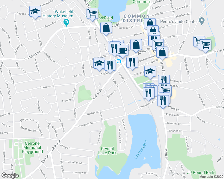 map of restaurants, bars, coffee shops, grocery stores, and more near 20 Lake Street in Wakefield