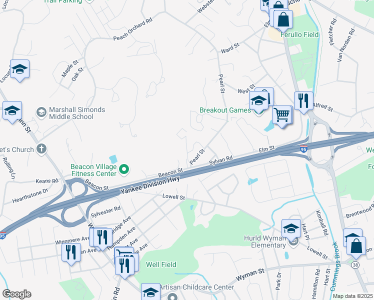 map of restaurants, bars, coffee shops, grocery stores, and more near 103 Westgate Drive in Burlington