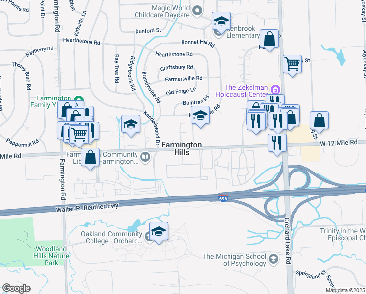 map of restaurants, bars, coffee shops, grocery stores, and more near in Farmington Hills