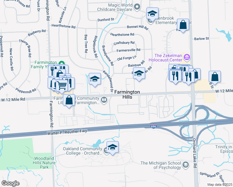map of restaurants, bars, coffee shops, grocery stores, and more near 32332 West 12 Mile Road in Farmington Hills