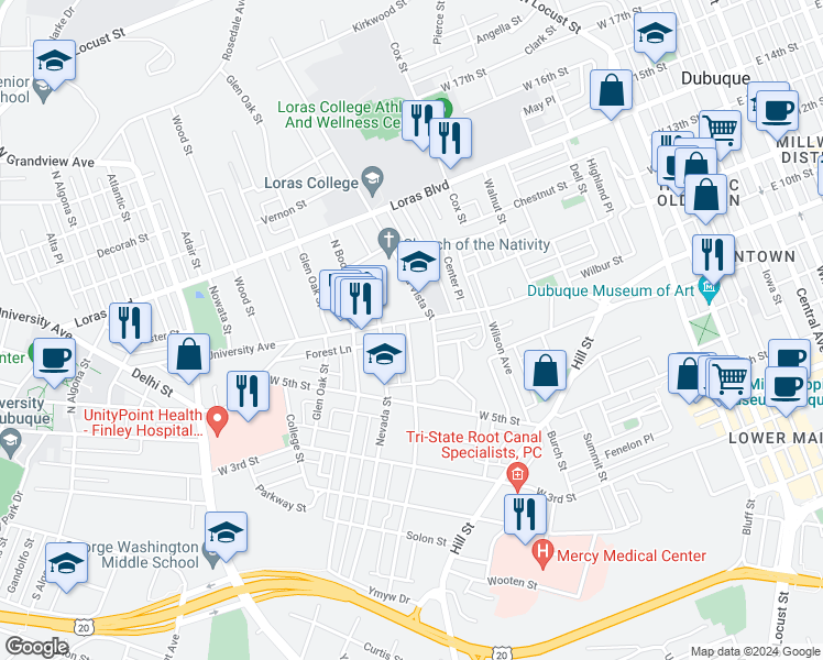 map of restaurants, bars, coffee shops, grocery stores, and more near in Dubuque