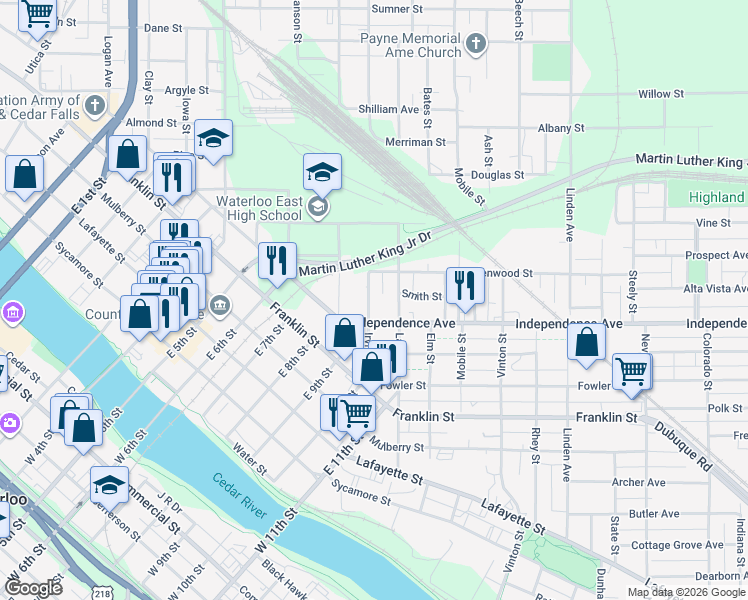map of restaurants, bars, coffee shops, grocery stores, and more near 332 Irving Street in Waterloo