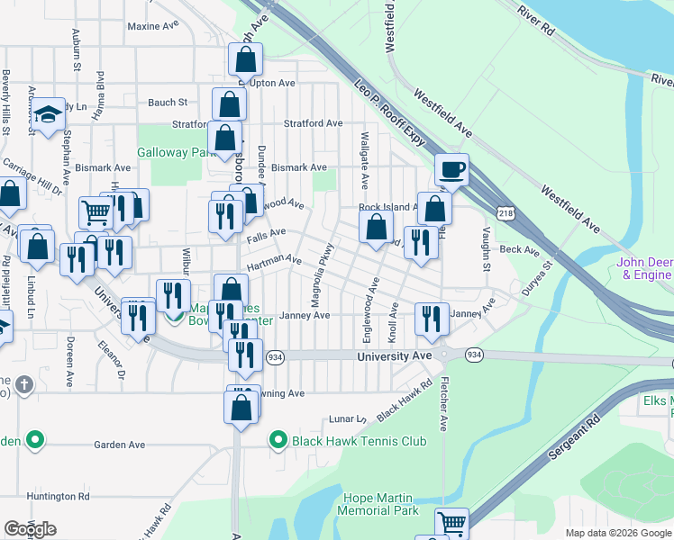 map of restaurants, bars, coffee shops, grocery stores, and more near 2003 Falls Avenue in Waterloo