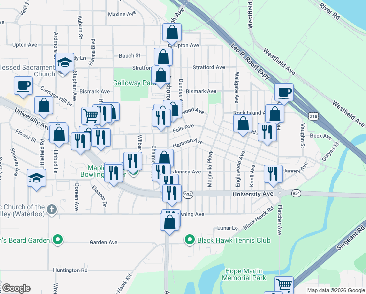 map of restaurants, bars, coffee shops, grocery stores, and more near 724 Hartman Avenue in Waterloo