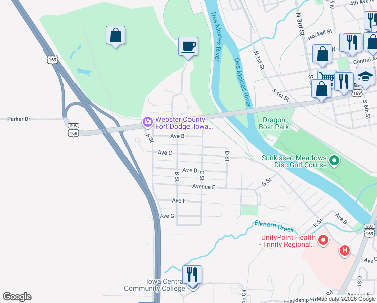 map of restaurants, bars, coffee shops, grocery stores, and more near 201-299 Ave B in Fort Dodge
