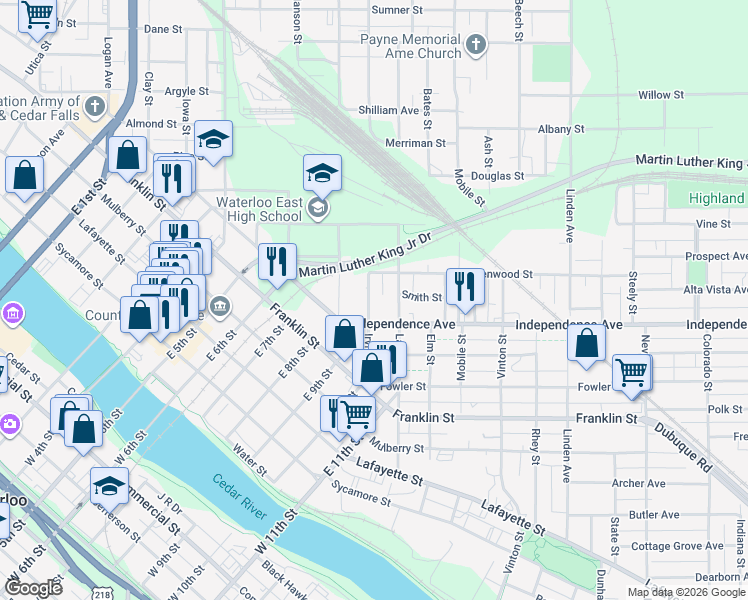 map of restaurants, bars, coffee shops, grocery stores, and more near 332 Irving Street in Waterloo