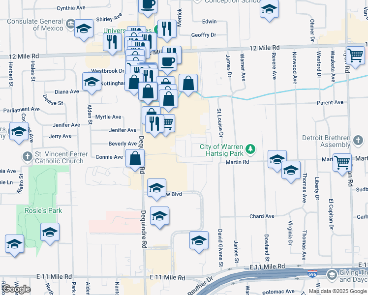 map of restaurants, bars, coffee shops, grocery stores, and more near 28366 Universal Drive in Warren