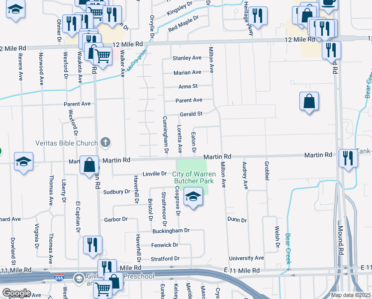 map of restaurants, bars, coffee shops, grocery stores, and more near 28083 Eaton Drive in Warren