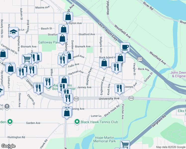 map of restaurants, bars, coffee shops, grocery stores, and more near 2003 Falls Avenue in Waterloo