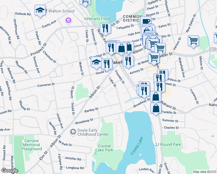 map of restaurants, bars, coffee shops, grocery stores, and more near 16 Lake Street in Wakefield