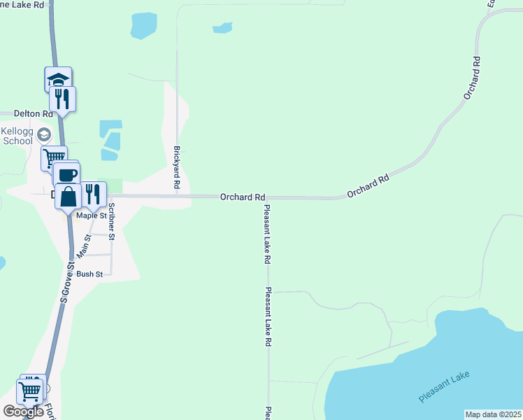 map of restaurants, bars, coffee shops, grocery stores, and more near 10542 Pleasant Lake Road in Delton