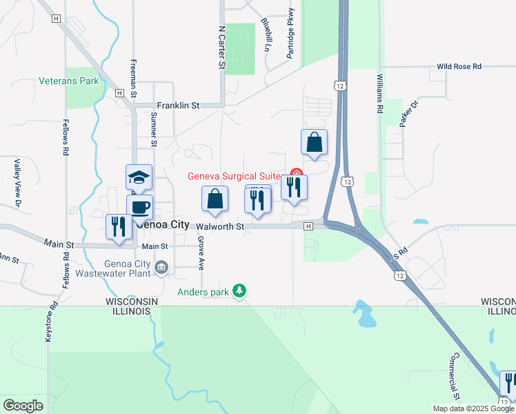 map of restaurants, bars, coffee shops, grocery stores, and more near 106 Chancellor Court in Genoa City