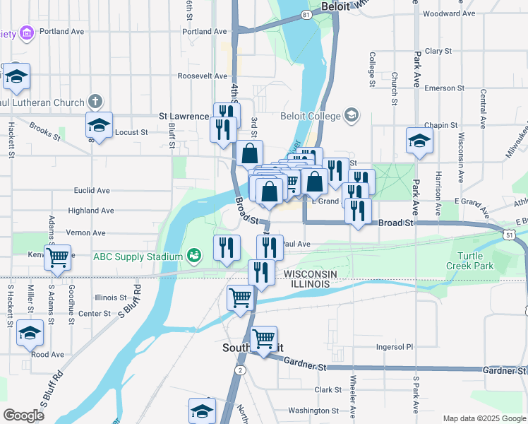 map of restaurants, bars, coffee shops, grocery stores, and more near 312 State Street in Beloit