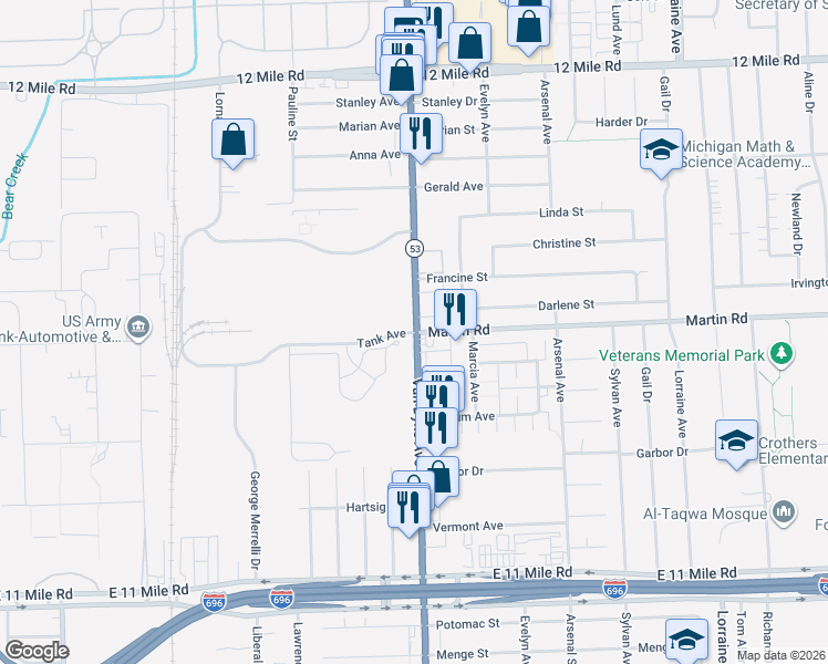 map of restaurants, bars, coffee shops, grocery stores, and more near Van Dyke & Martin Rd in Warren