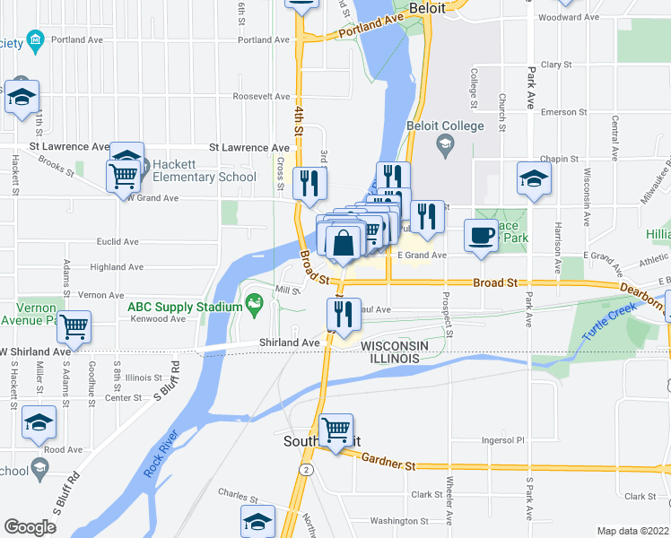 map of restaurants, bars, coffee shops, grocery stores, and more near 312 State Street in Beloit