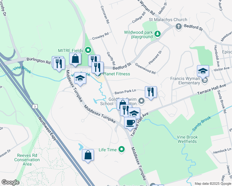 map of restaurants, bars, coffee shops, grocery stores, and more near 1 Baron Park Ln in Burlington