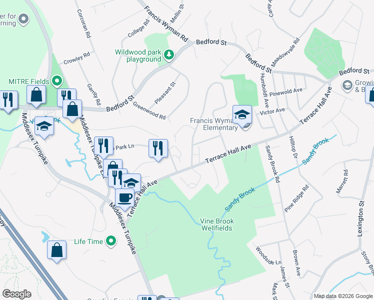 map of restaurants, bars, coffee shops, grocery stores, and more near 66 Washington Avenue in Burlington