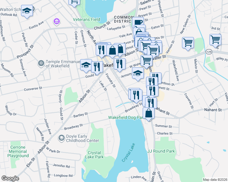 map of restaurants, bars, coffee shops, grocery stores, and more near 69 Foundry Street in Wakefield