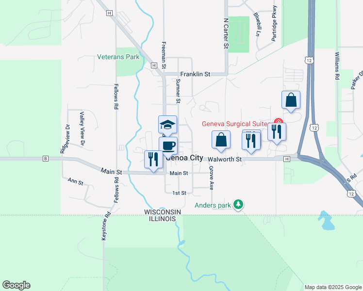 map of restaurants, bars, coffee shops, grocery stores, and more near 328 Sumner Street in Genoa City