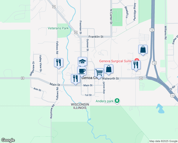 map of restaurants, bars, coffee shops, grocery stores, and more near 328 Sumner Street in Genoa City