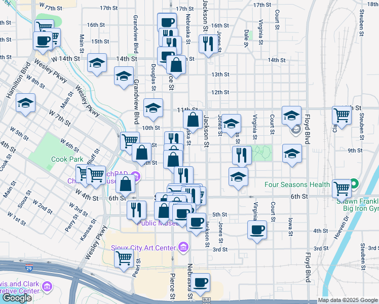 map of restaurants, bars, coffee shops, grocery stores, and more near 820 Nebraska Street in Sioux City